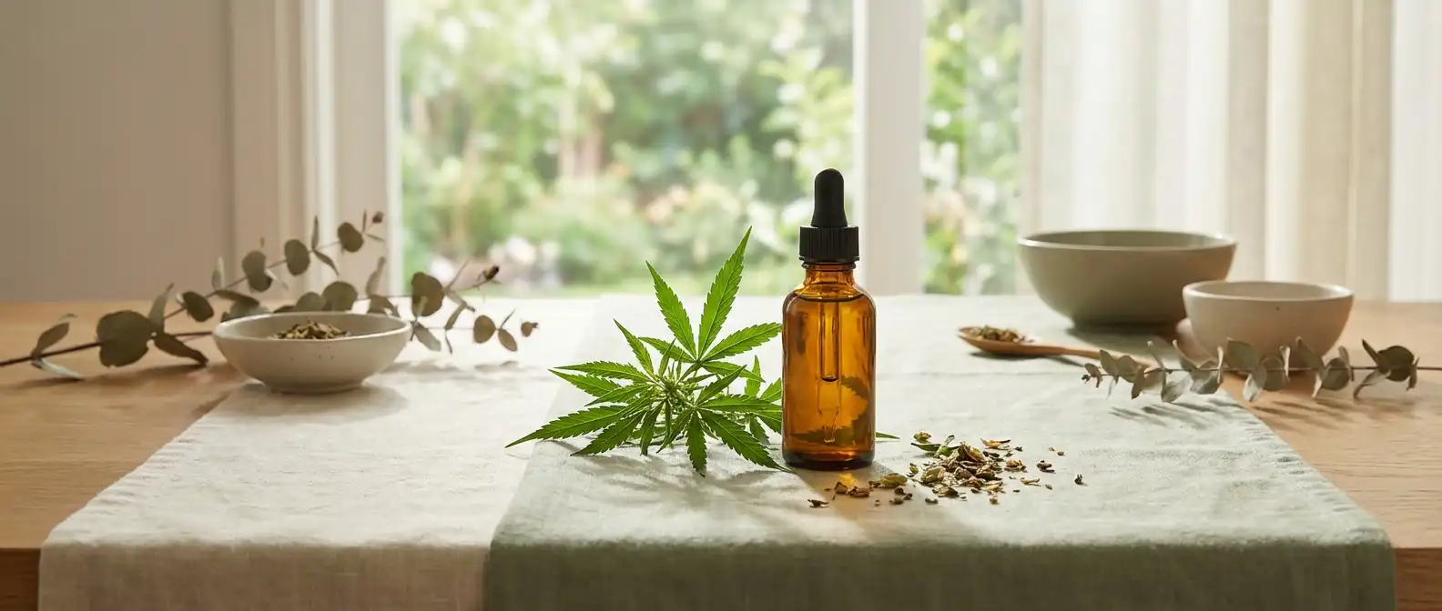 CBD Olie Wijzer Homepage: hennepplant met goudgele CBD olie in premium glazen druppelflesje op wellness achtergrond